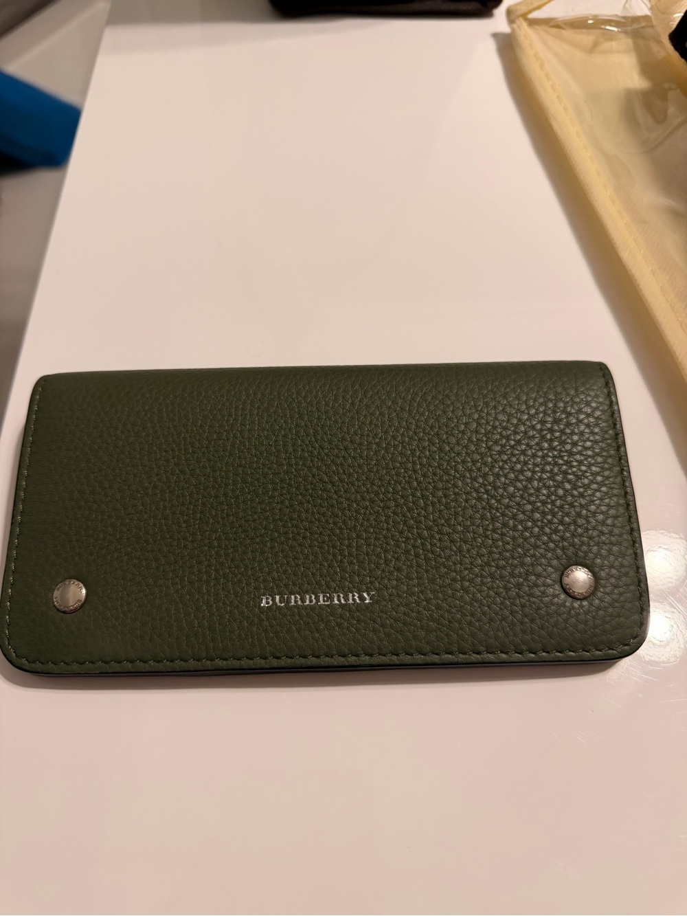 Burberry Olive Green Pebbled Leather Phone Wallet Case